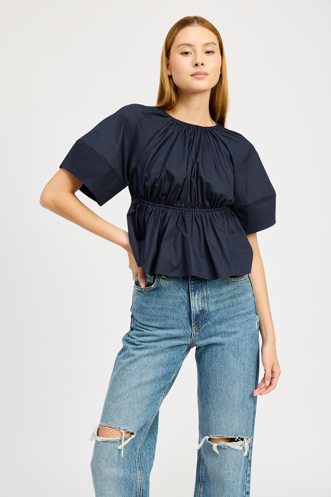 NAVY OPEN BACK BLOUSE
