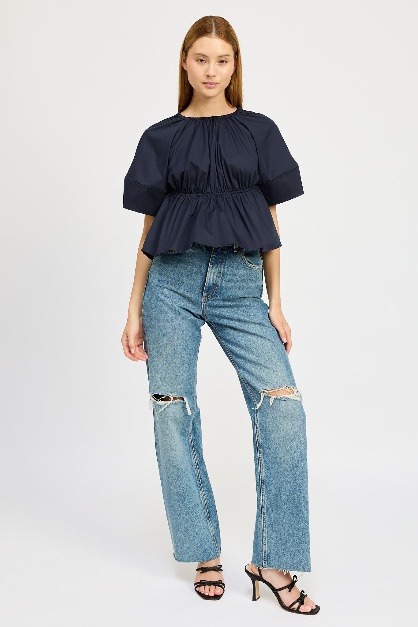 NAVY OPEN BACK BLOUSE