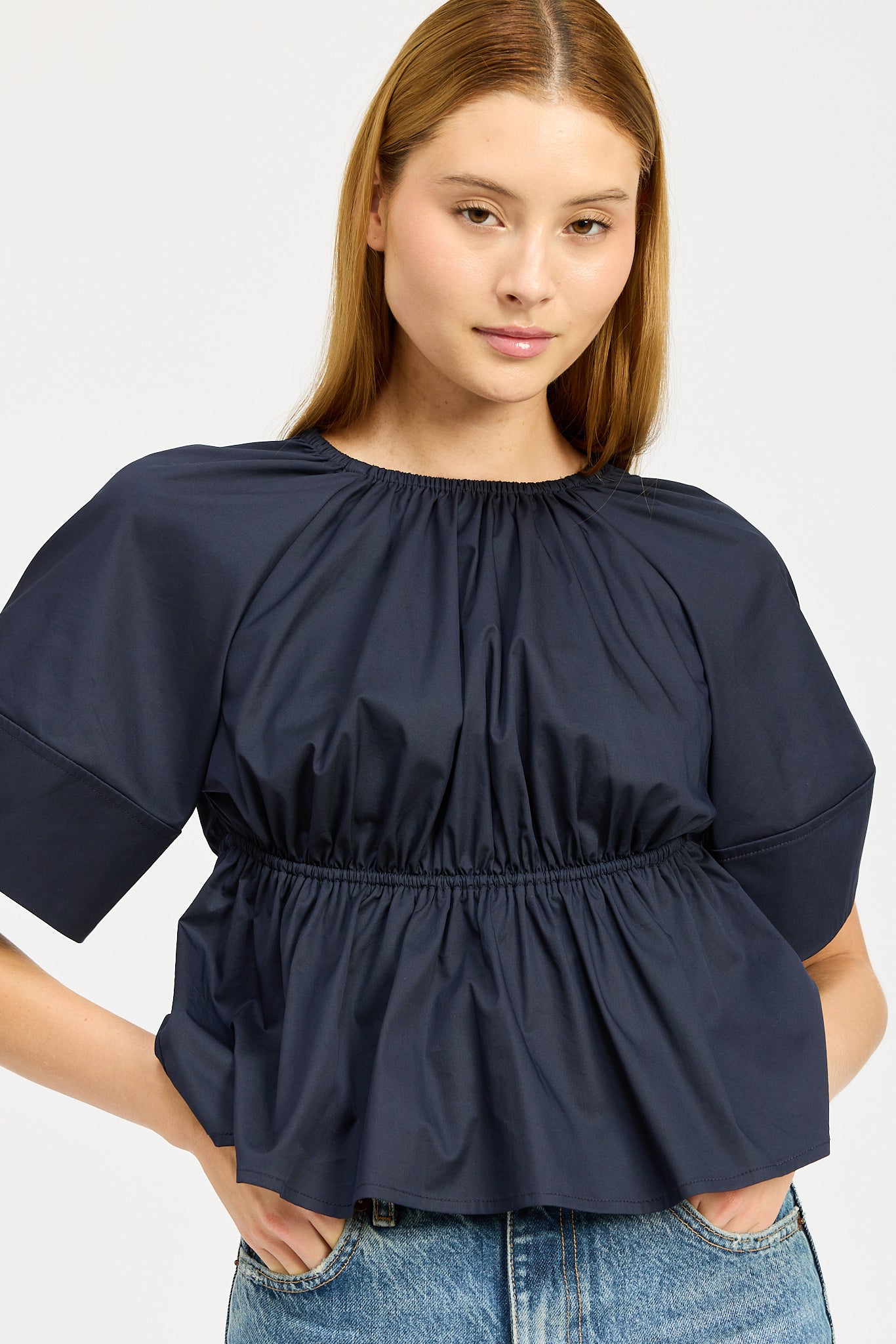 NAVY OPEN BACK BLOUSE