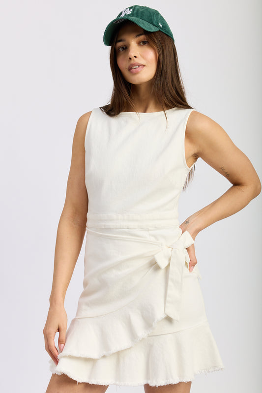 WHITE RUFFLE MINI DRESS