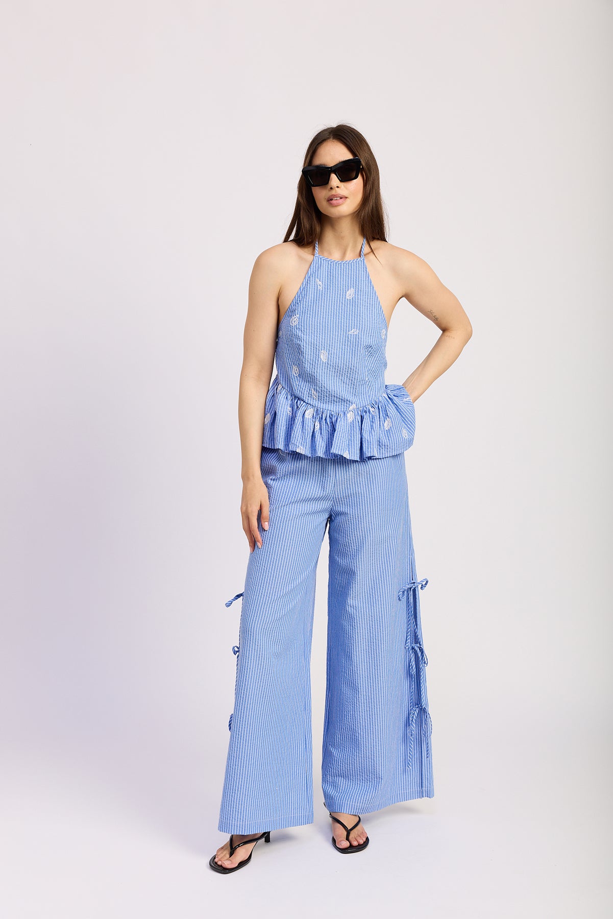 BLUE WHITE HI-LO PEPLUM TOP