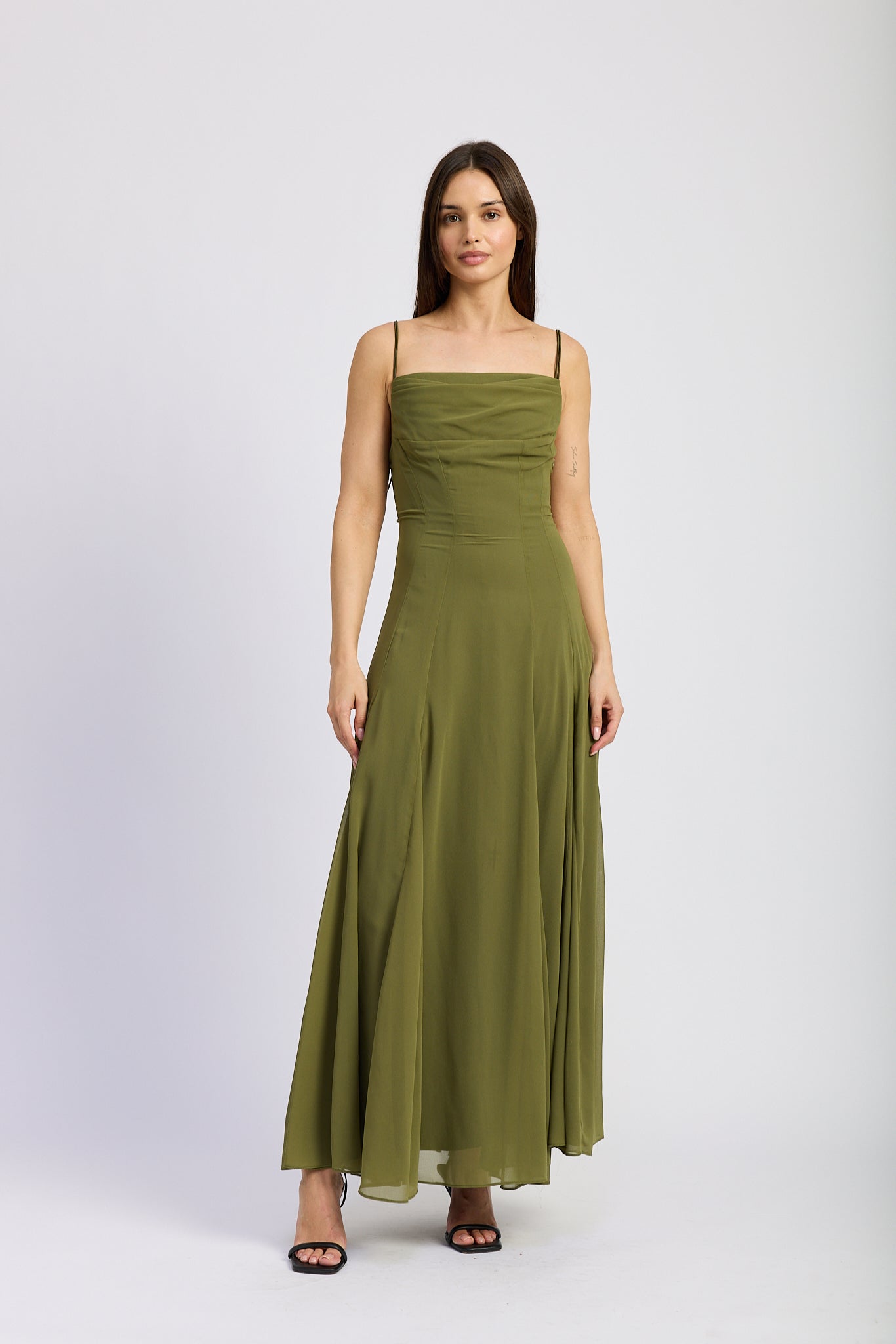 OLIVE FLORAL CHIFFON MAXI DRESS