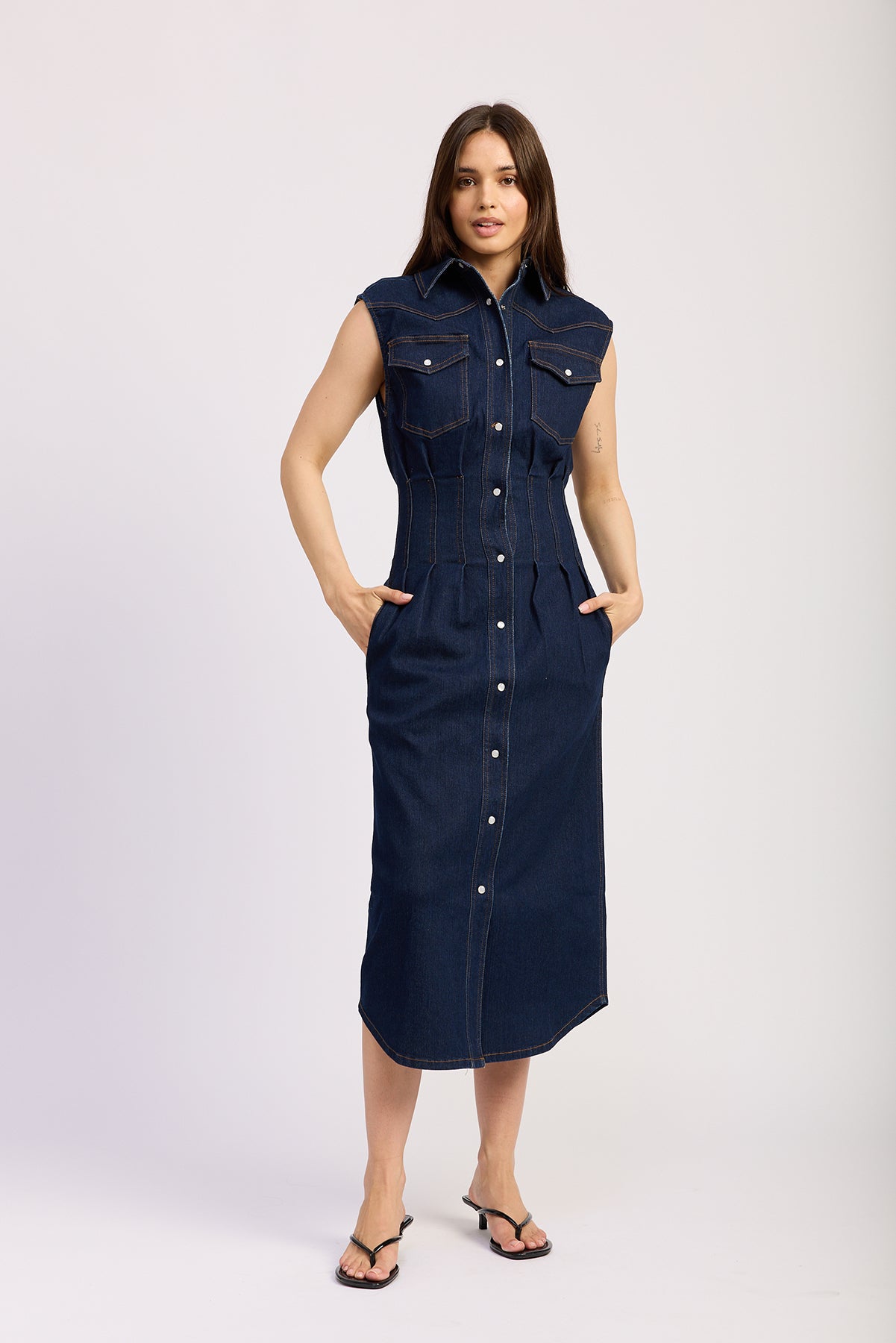 INDIGO DENIM VEST MIDI DRESS