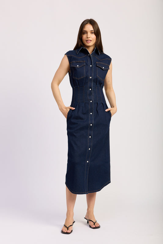 INDIGO DENIM VEST MIDI DRESS