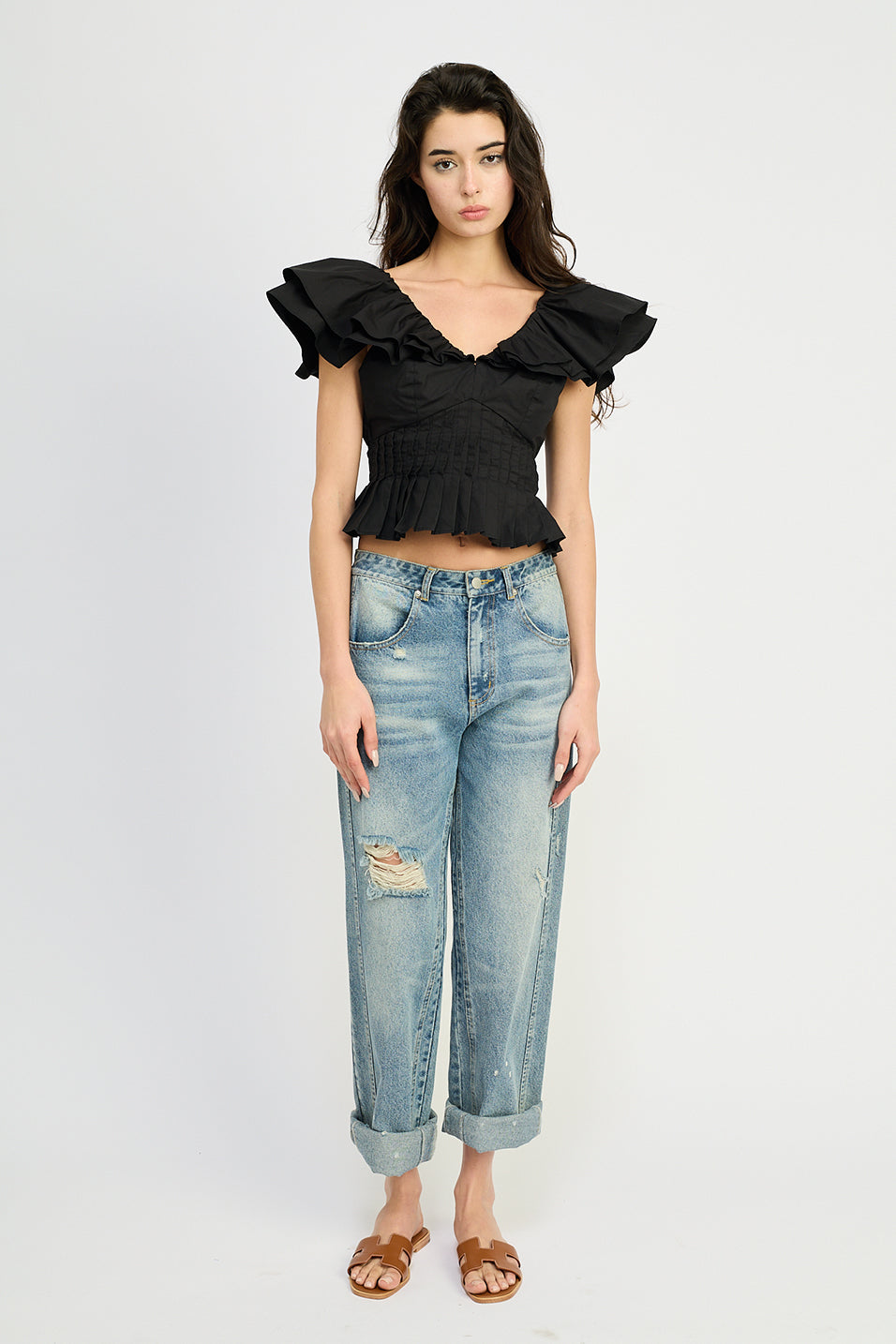 BLACK POPLIN RUFFLED TOP