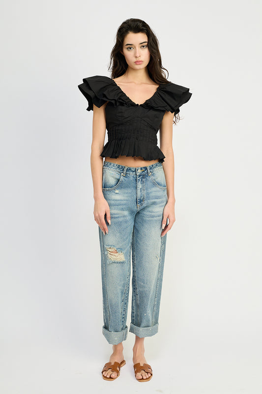 BLACK POPLIN RUFFLED TOP