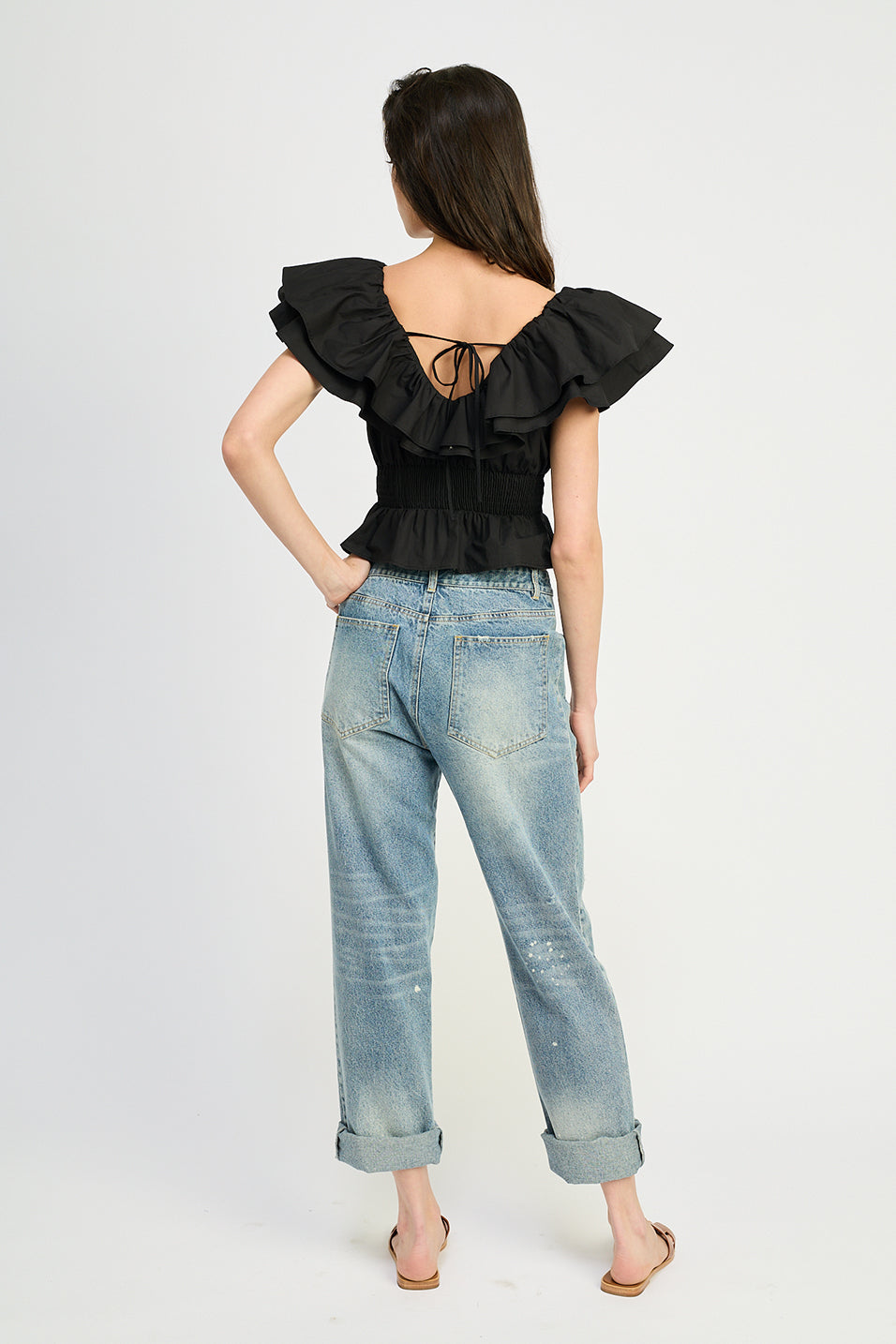 BLACK POPLIN RUFFLED TOP