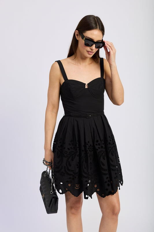 BLACK MINI DRESS EMBROIDERED HEM