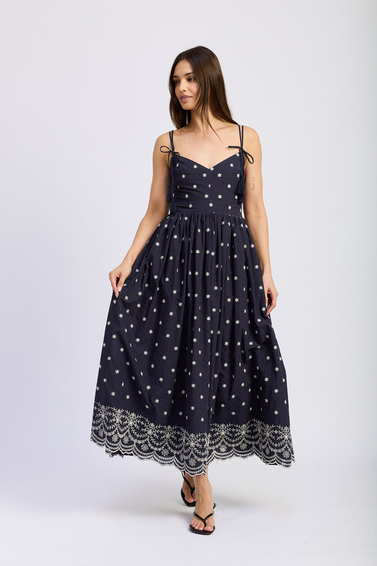 NAVY TASSEL TIE FRONT MIDI DRESS