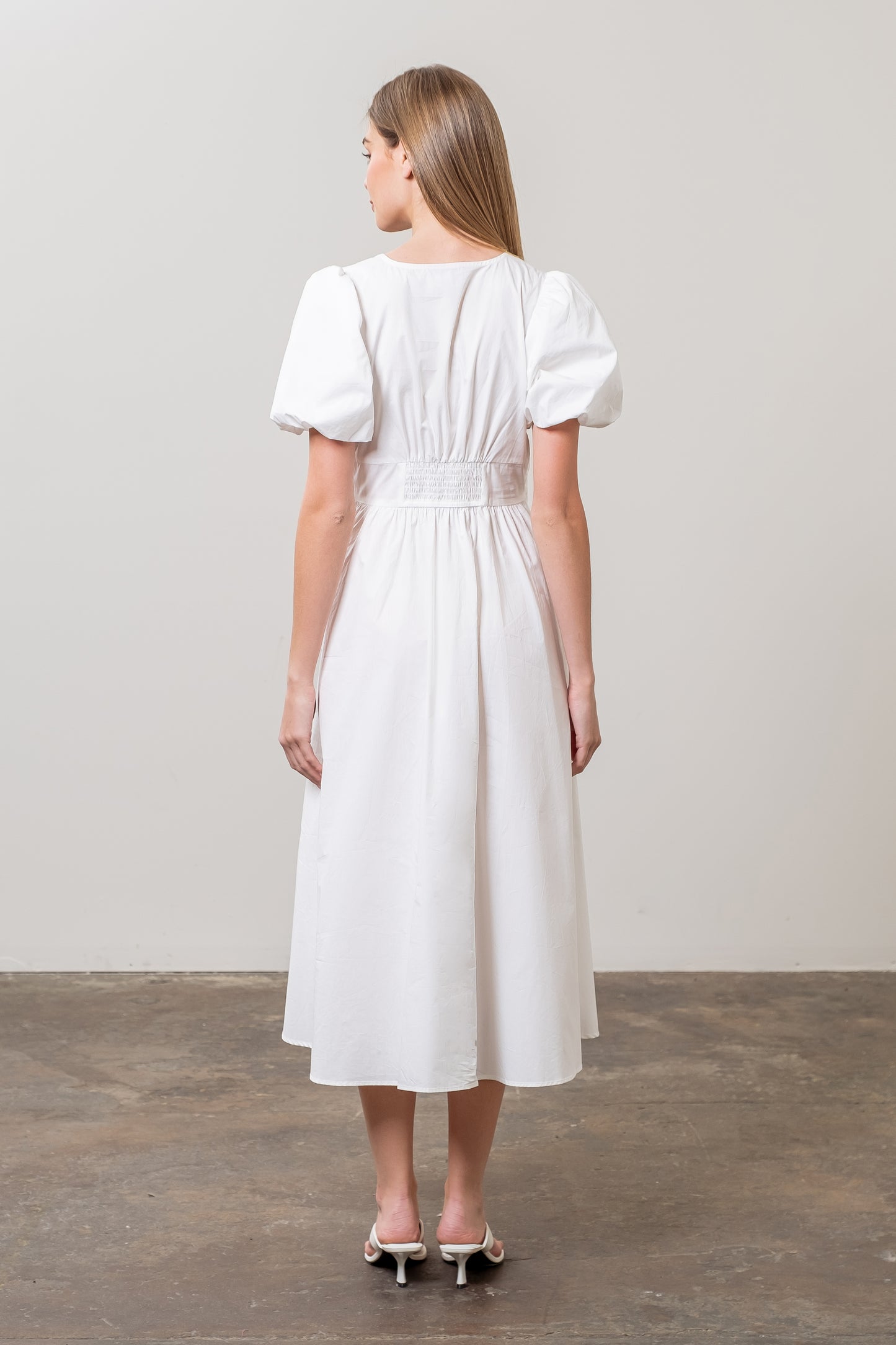 WHITE PUFF SLEEVE FRONT MIDI DRESS