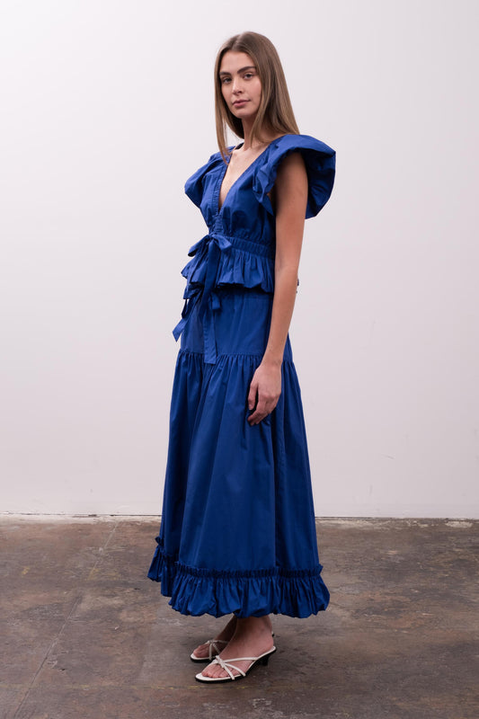 BLUE SHIRRED MIDI SKIRT