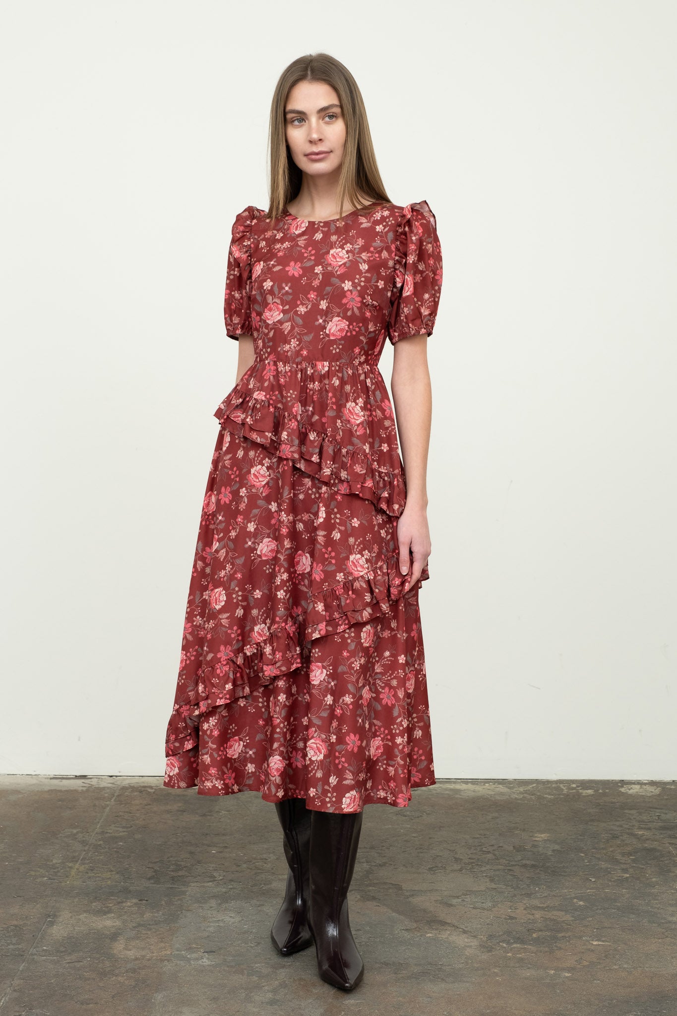 OXBLOOD MULTI RUFFLE MIDI DRESS