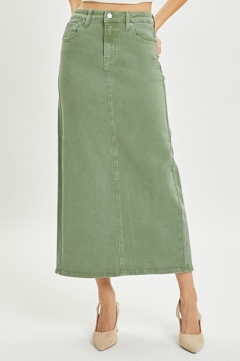 OLIVE DENIM MAXI SKIRT