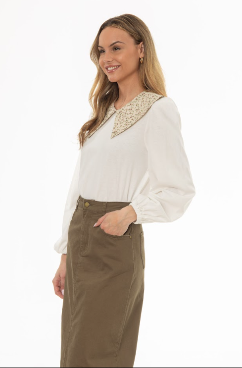 WHITE FLORAL PRINT COLLAR TOP