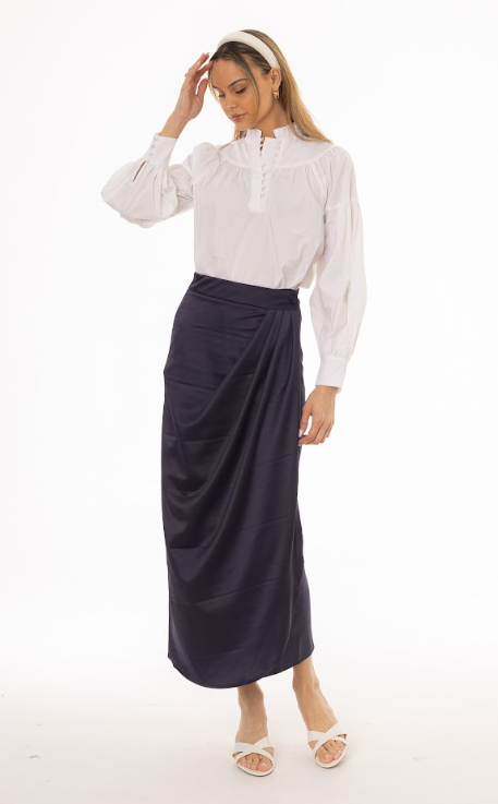 NAVY DRAPED WRAP MAXI SKIRT