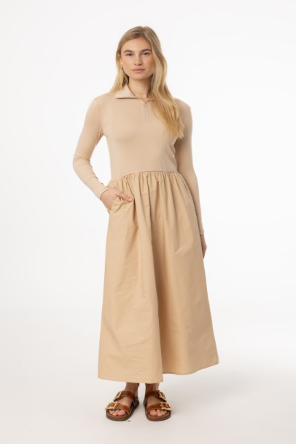 TAN QUARTER ZIP MAXI DRESS