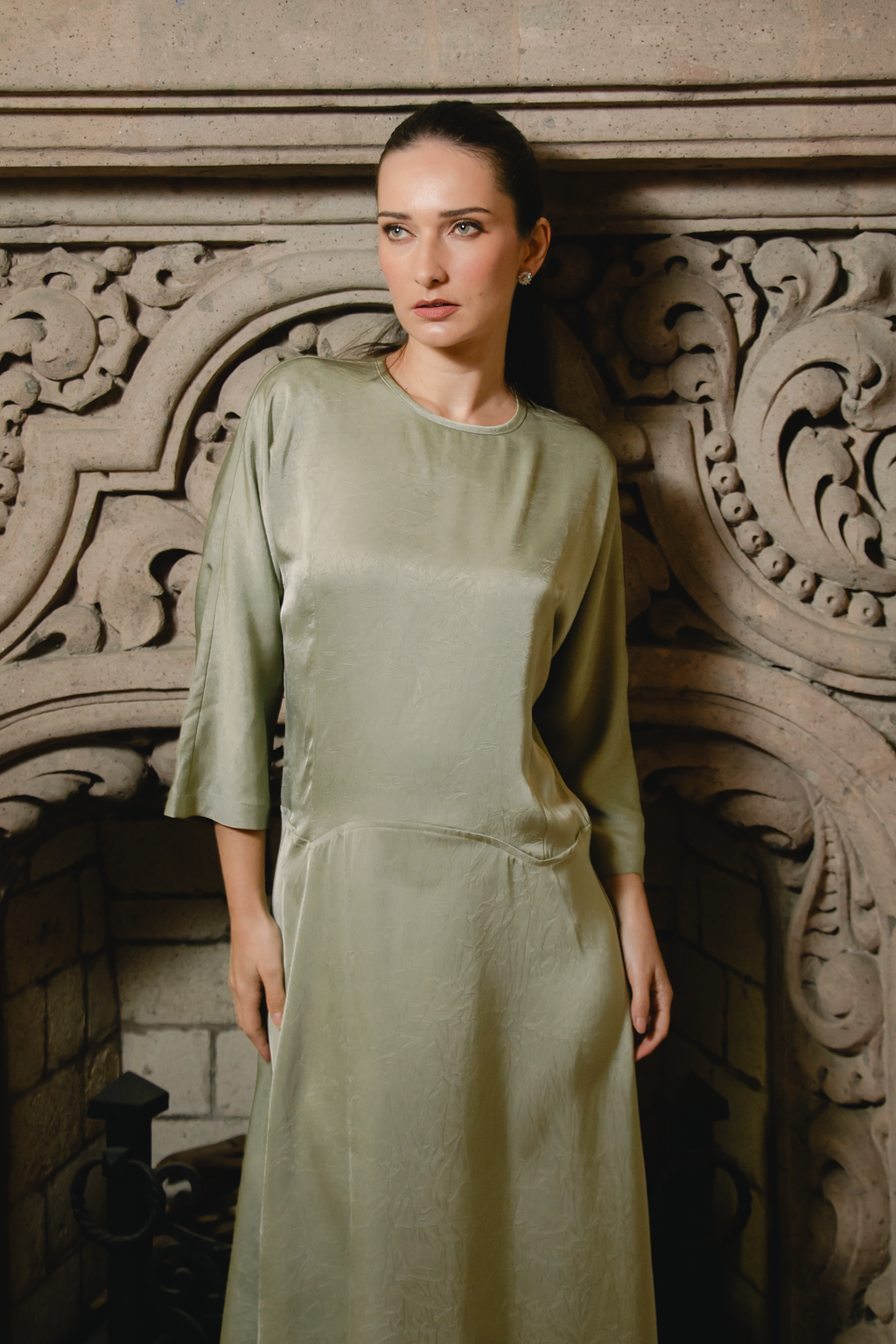 SAGE GREEN CRUSHED SATIN DRESS