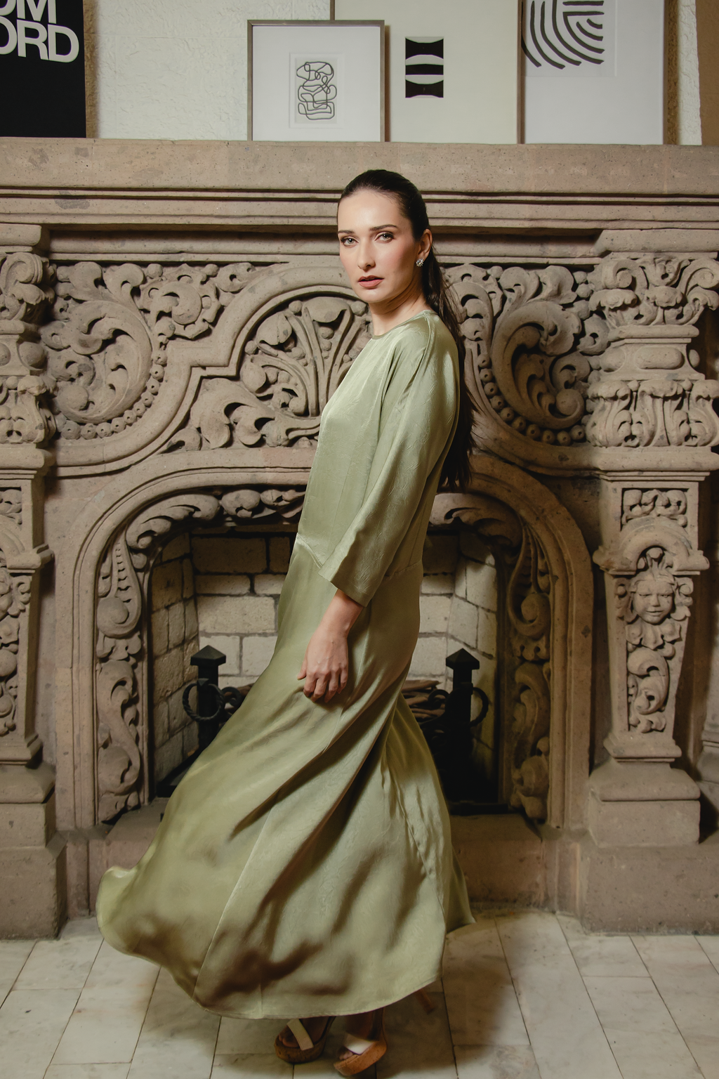 SAGE GREEN CRUSHED SATIN DRESS