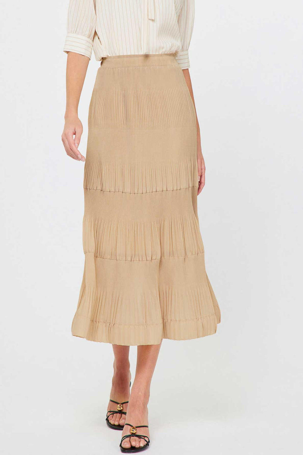 TAUPE TIERED PLEATED MIDI SKIRT