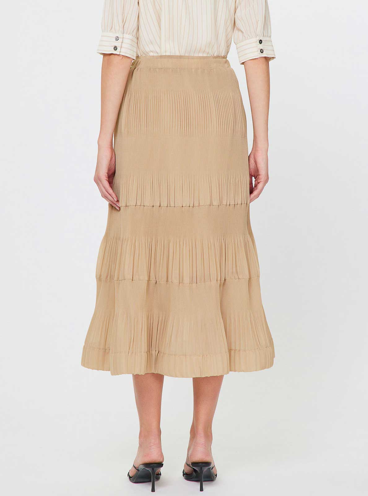 TAUPE TIERED PLEATED MIDI SKIRT