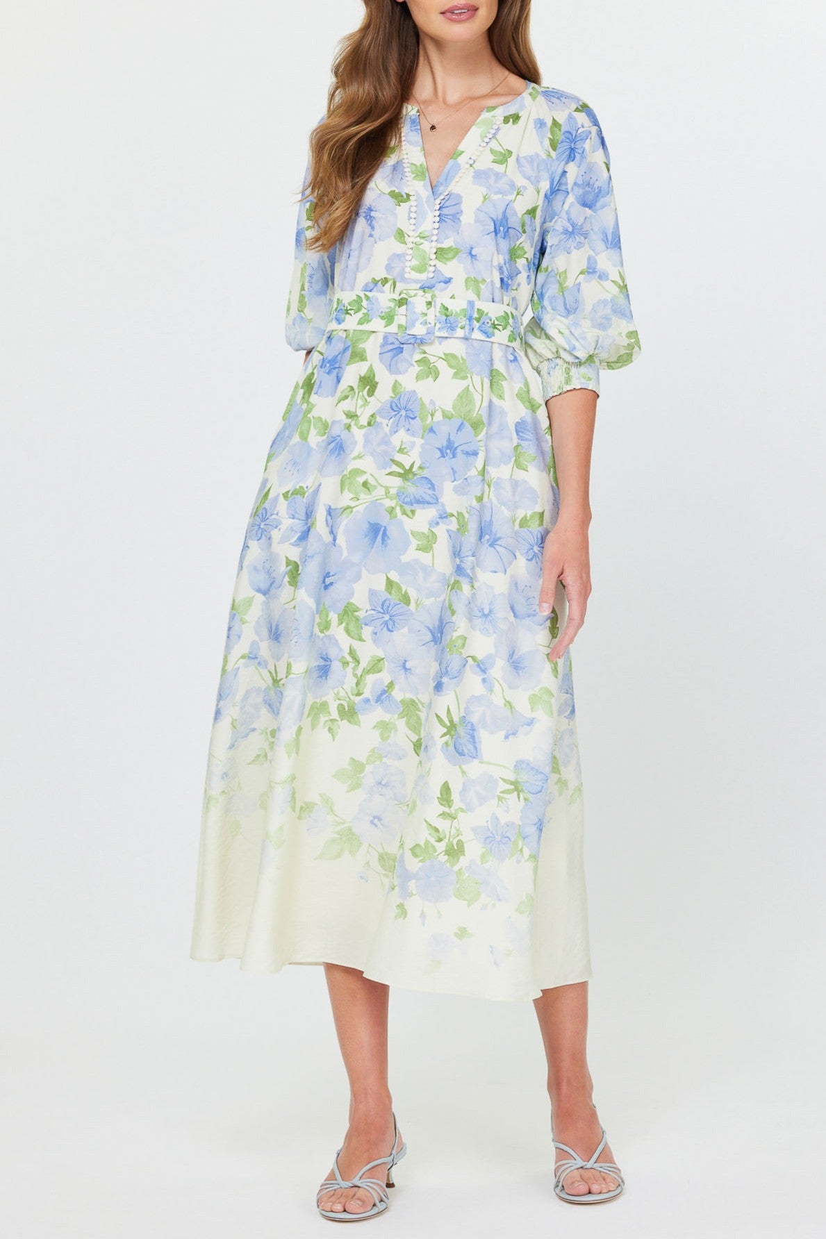 LAVENDER FLOWER MIDI DRESS WITH BELT