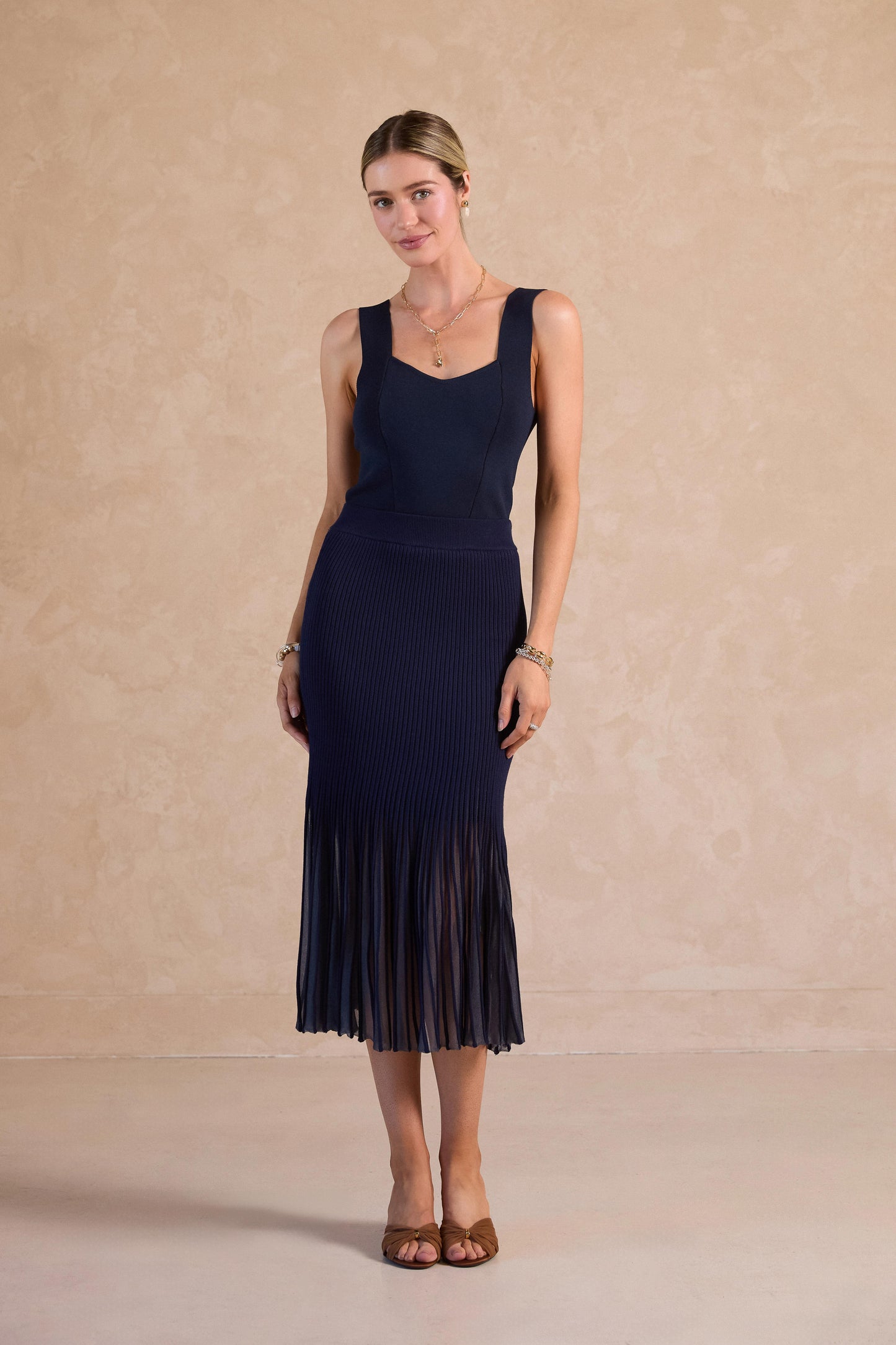 NAVY FLARED MIDI SKIRT