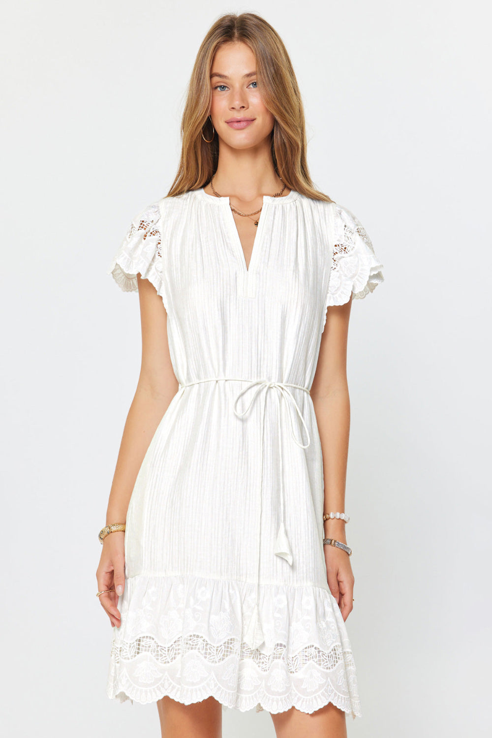 WHITE WAIST TIE MINI DRESS