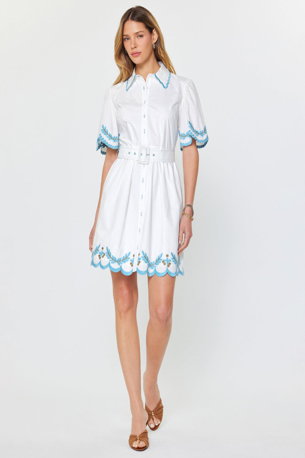 WHITE BLUE EMBROIDERED  MINI DRESS