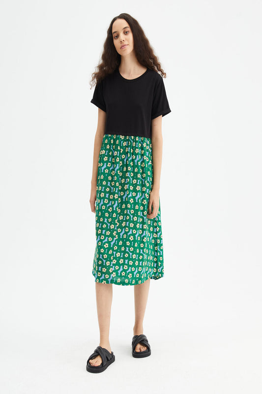 BLACK GREEN PRINT MIDI DRESS