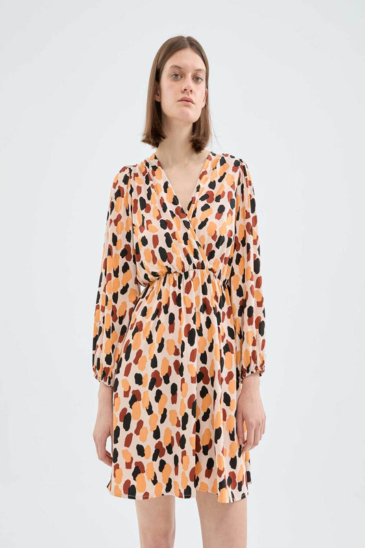 ORANGE PRINT SHORT CROSS-OVER MINI DRESS