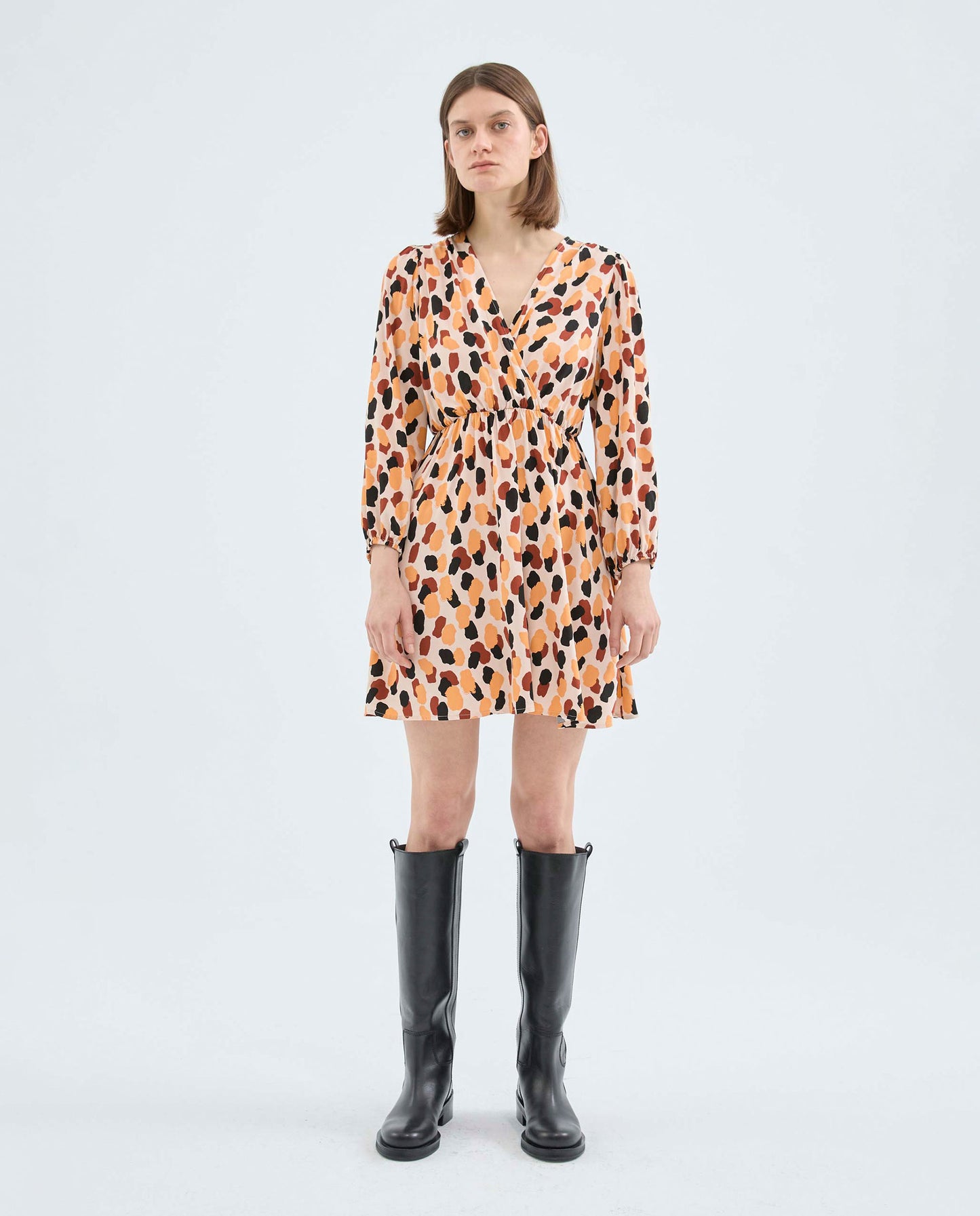 ORANGE PRINT SHORT CROSS-OVER MINI DRESS