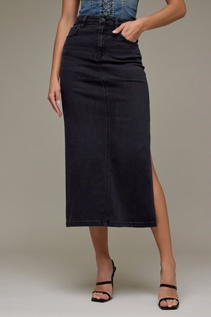 BLACK DENIM SLIT SKIRT