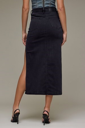 BLACK DENIM SLIT SKIRT