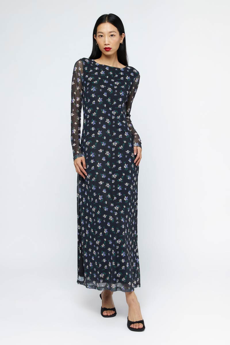 BLACK FLORAL MESH MAXI DRESS