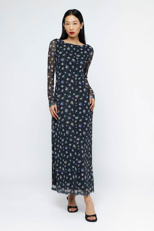 BLACK FLORAL MESH MAXI DRESS