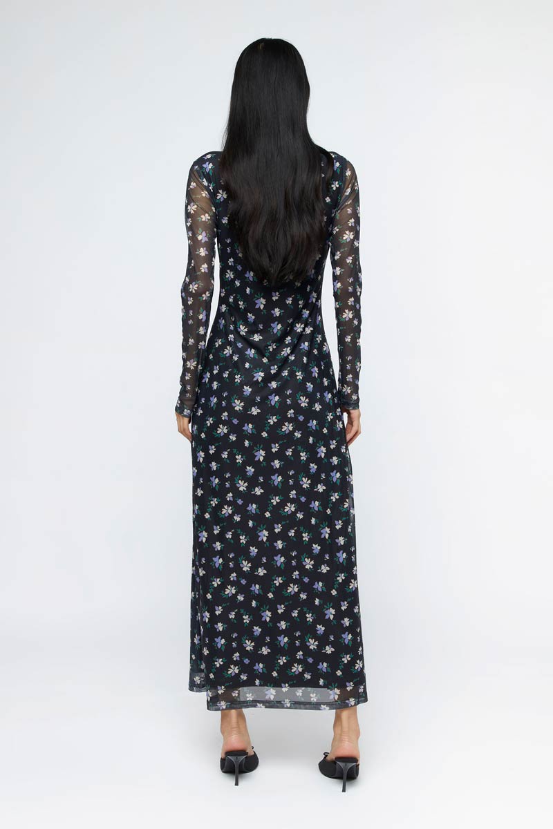 BLACK FLORAL MESH MAXI DRESS
