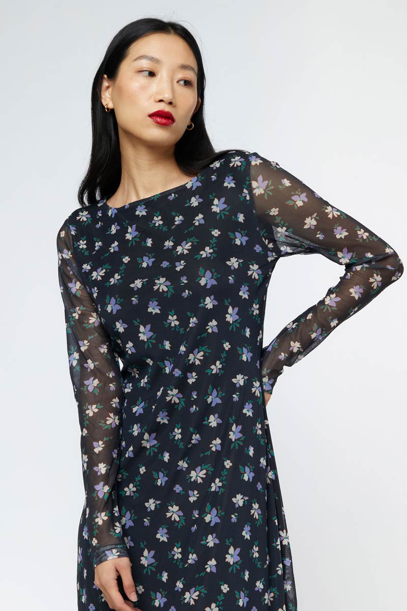 BLACK FLORAL MESH MAXI DRESS