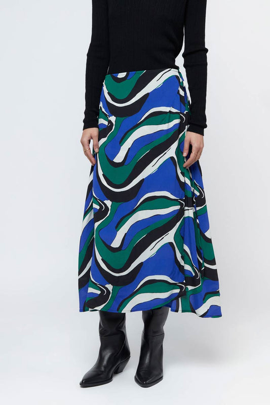 BLUE GREEN STRIPE MIDI SKIRT
