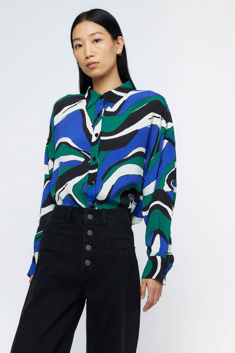 BLUE GREEN STRIPE BUTTON TOP