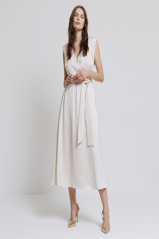 WHITE SATIN TIE BELT  MIDI DRESS