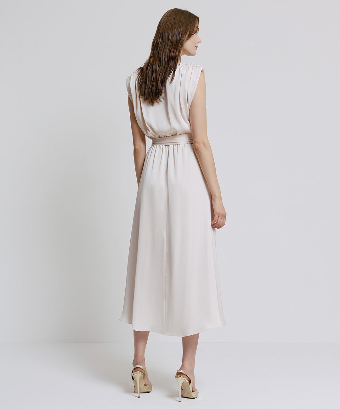 WHITE SATIN TIE BELT  MIDI DRESS