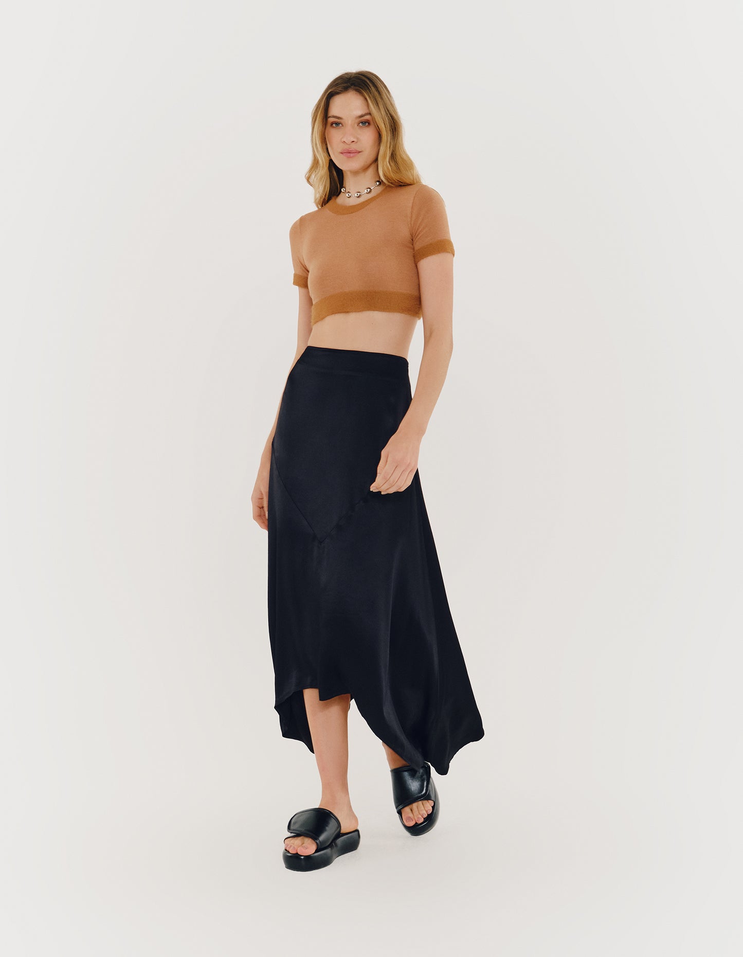 BLACK SATIN MIDI SKIRT