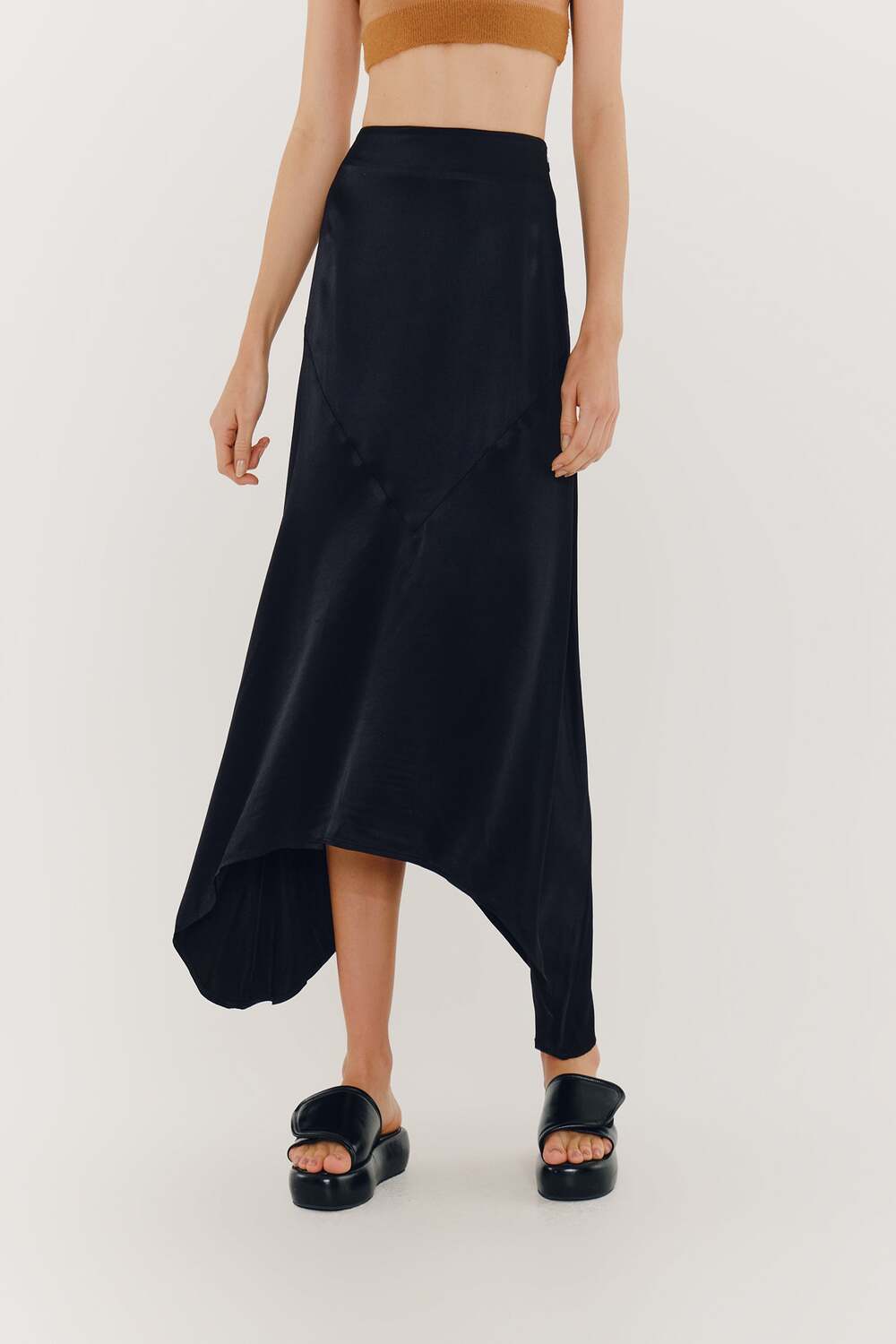 BLACK SATIN MIDI SKIRT