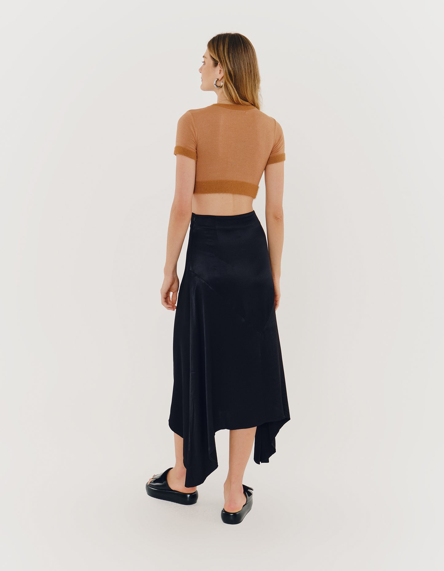 BLACK SATIN MIDI SKIRT