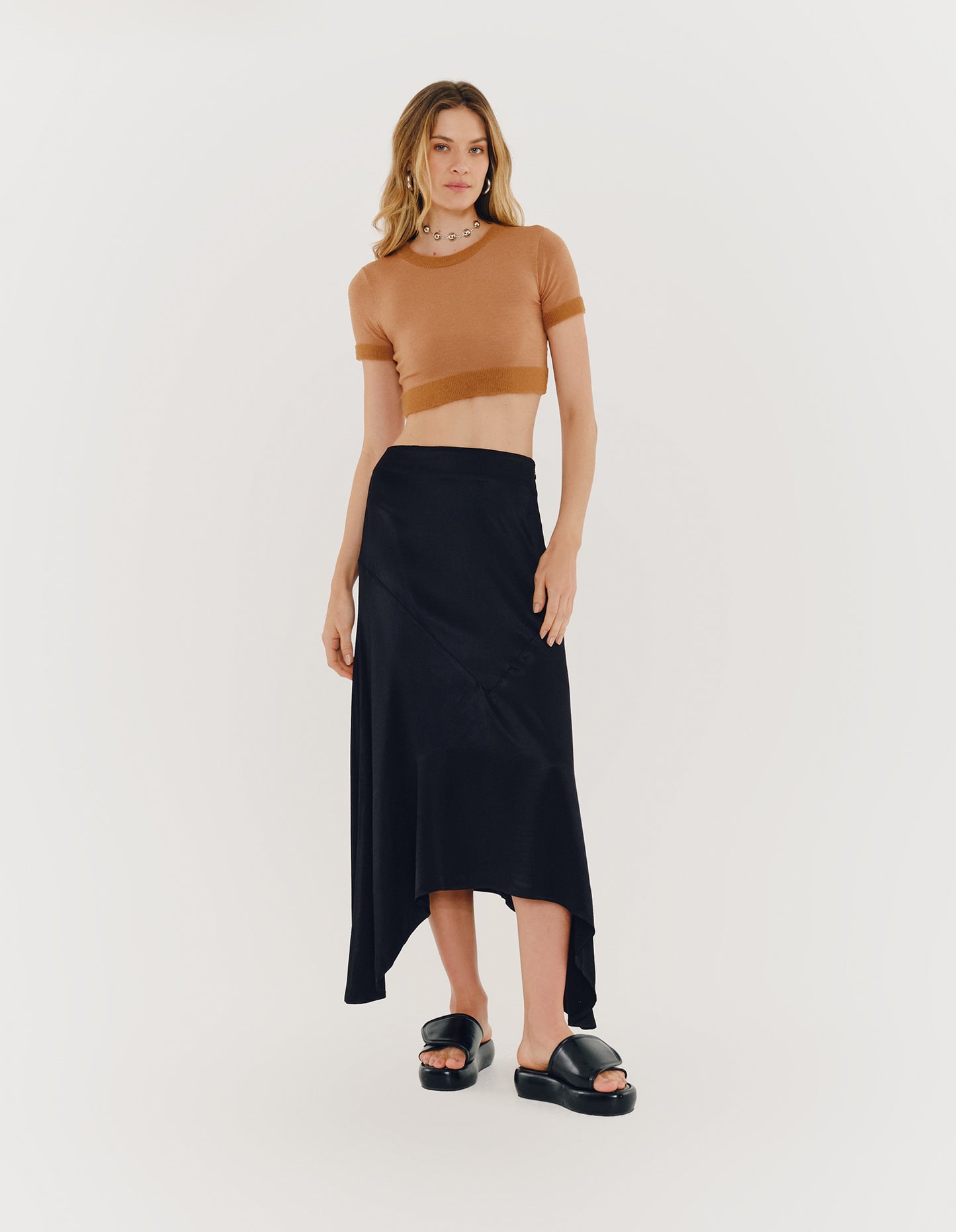 BLACK SATIN MIDI SKIRT