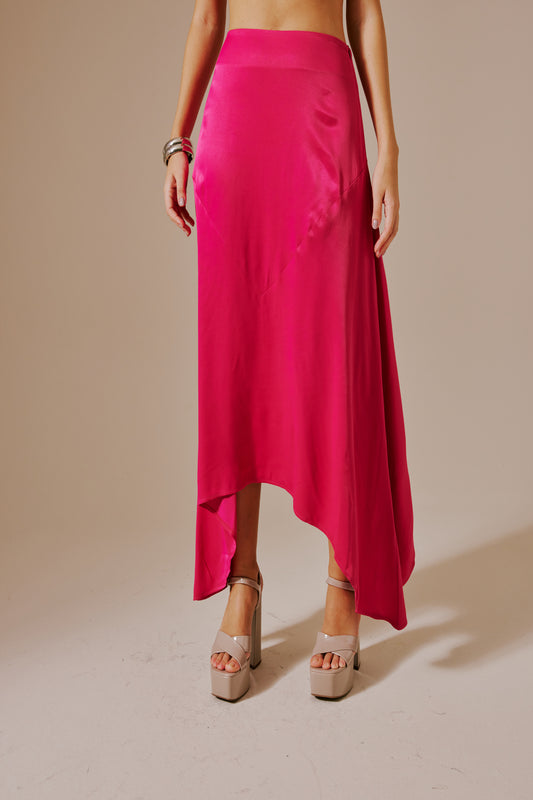 FUCSHIA SATIN MIDI SKIRT