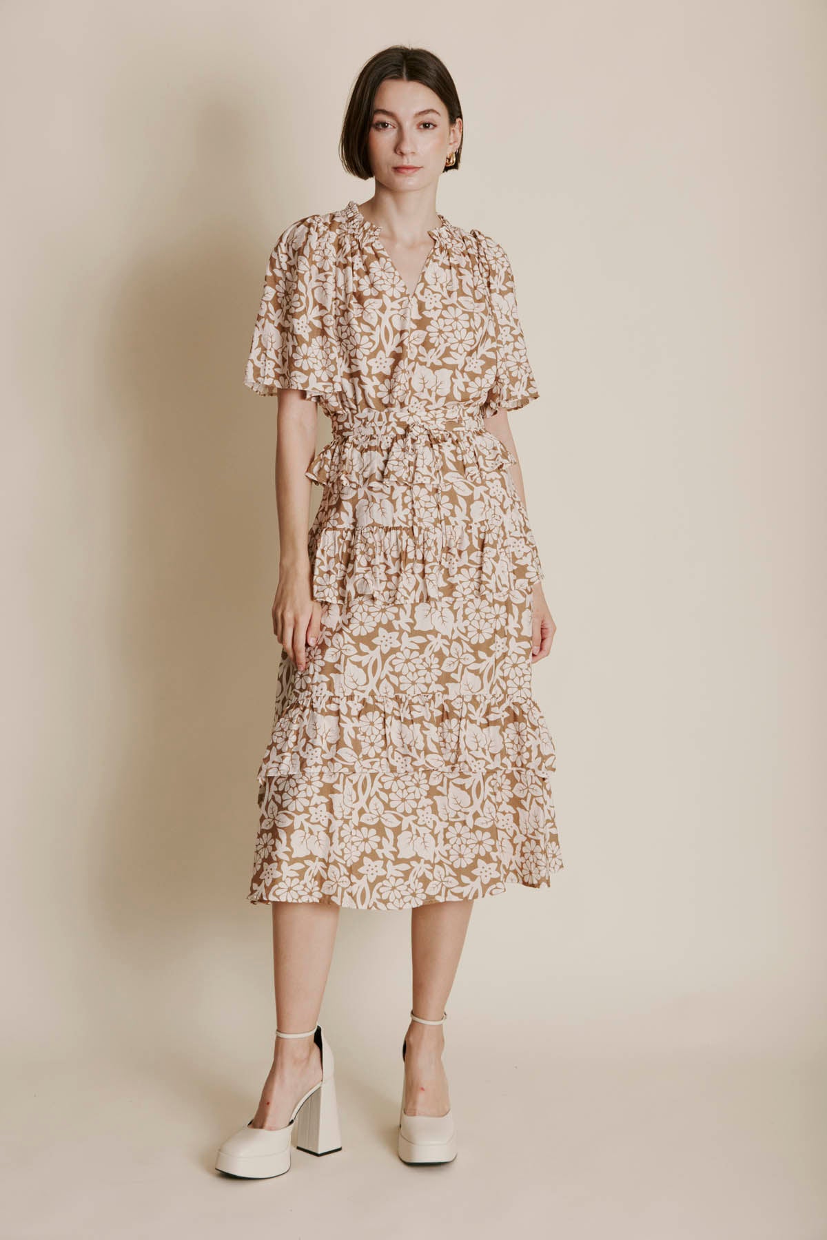 KHAKI PRINTED LAYER MIDI SKIRT
