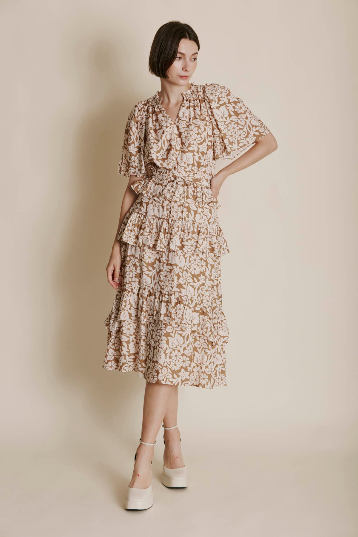 KHAKI PRINTED LAYER MIDI SKIRT