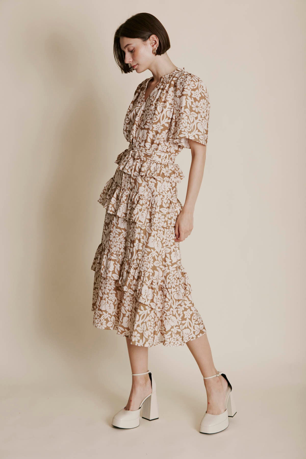 KHAKI PRINTED LAYER MIDI SKIRT