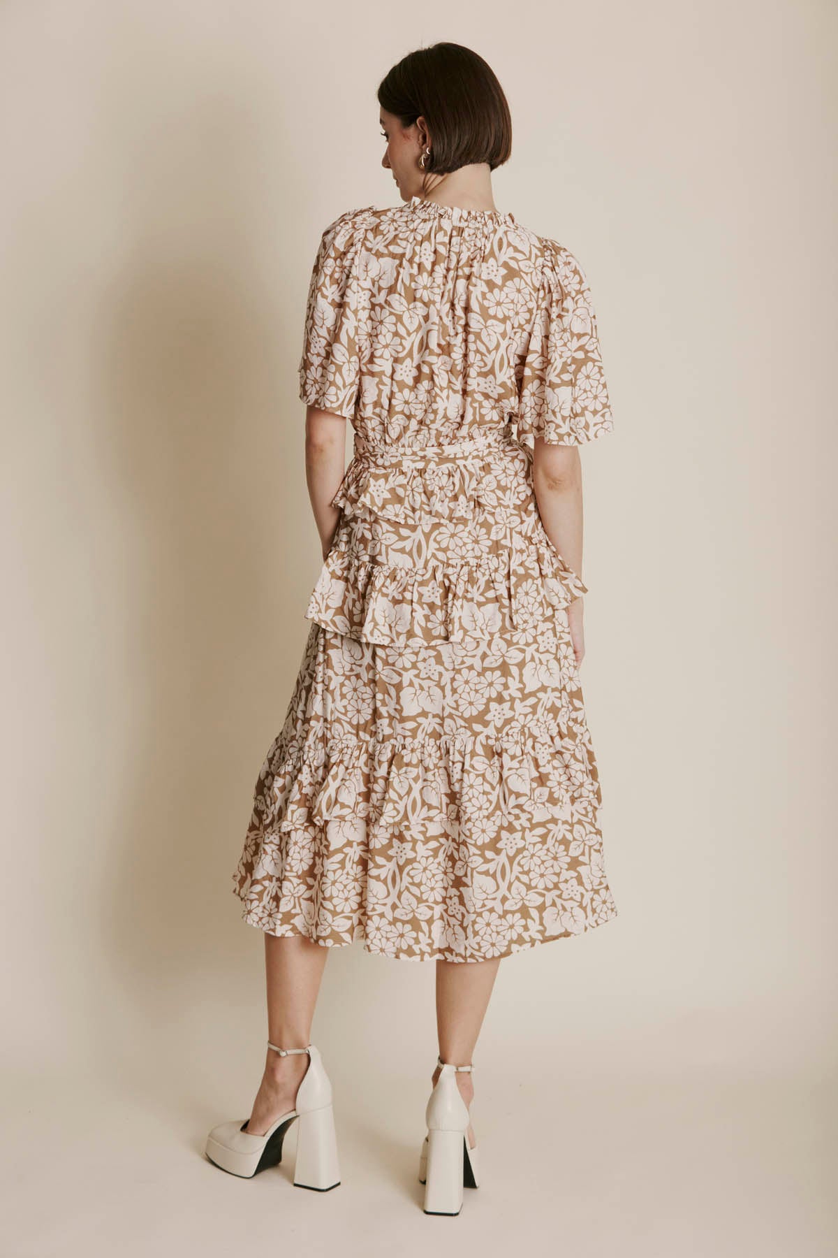 KHAKI PRINTED LAYER MIDI SKIRT